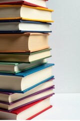 Colorful stack of books with a few pages peeking out, bookshelf, reading nook