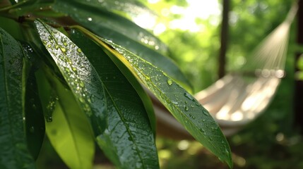 Serene Nature Scene with Green Leaves in Focus and Hammock Resting in a Calm Environment