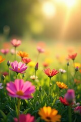 Obraz premium Blooming flowers in meadow, sunshine and petals dancing, blossoms, colorful