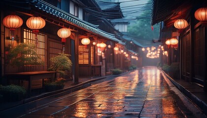 雨に濡れるレトロな商店街