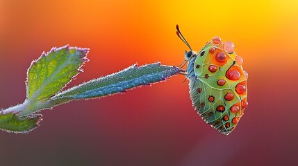 Obraz premium Vibrant Butterfly on Dewy Leaf at Sunrise