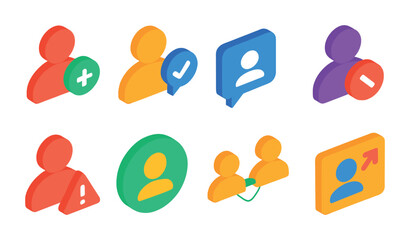 Isometric flat vector set of icons of profile interaction: add friend, follow request, send message, block user, report icon, profile view, connection icon, profile share. isolated transparent