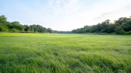Fototapeta premium A vast green field with lush grass stretching into the distance, surrounded by dense trees under a clear blue sky, and serene nature landscape.