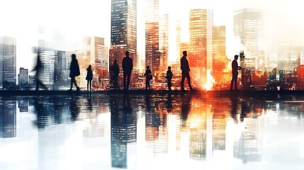 Obraz premium Silhouettes of City Dwellers at Sunset: A Modern Metropolis Reflection