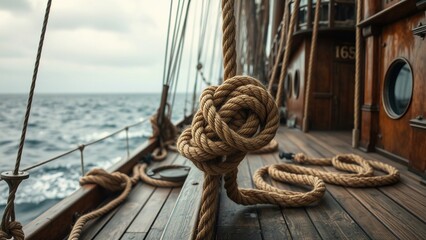 Obraz premium Majestic Sailing Ship Ocean Voyage, Nautical Rope, Wooden Deck