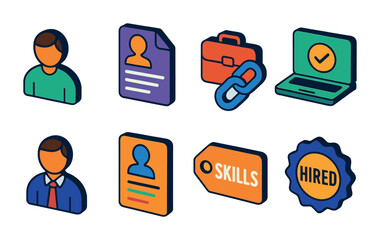 Fototapeta premium Isometric flat vector set of icons of professional networking: handshake, business card, connect, profile badge, meeting, career path, mentorship, resume. isolated transparent background.