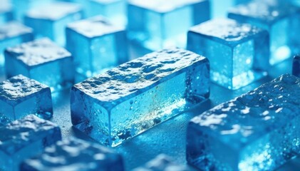 Crystal clear blue ice blocks arranged in a geometric pattern, ice blocks, frozen