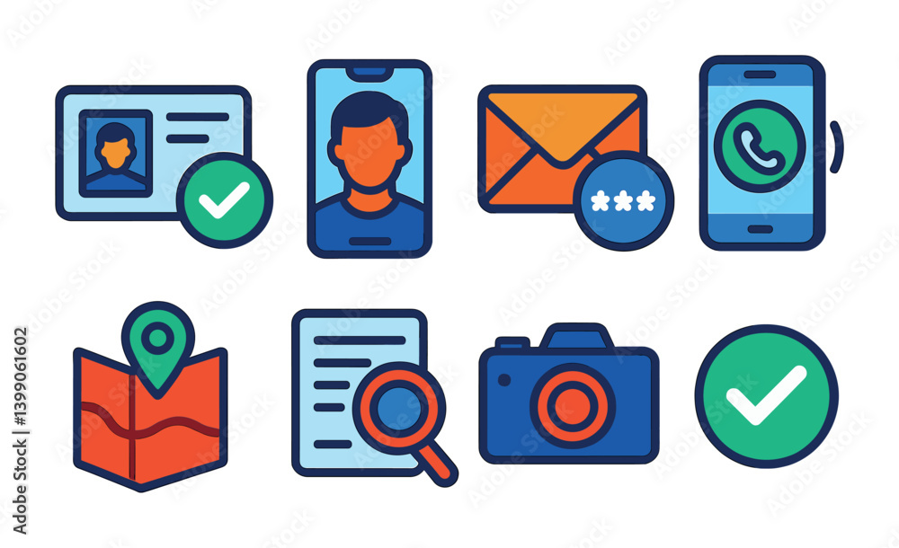 Poster isometric flat vector set of icons of verification and identity: verified badge, request verificatio