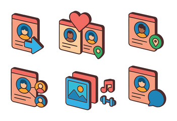 Isometric flat vector set of icons of digital love: heart app icon, heart notification, love message alert, digital heart, dating app, swipe heart, heart chat, emoji with heart eyes. isolated