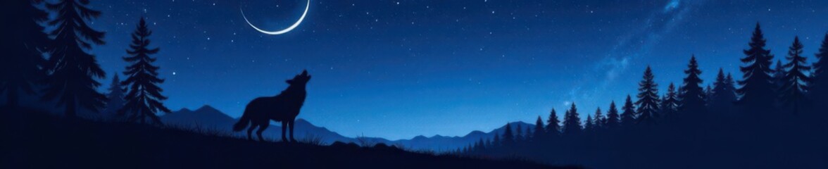 Dark forest under starry night sky with lone wolf in silhouette howling softly,  Wilderness, Forest