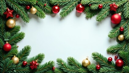 Christmas border with coniferous branches and garlands, Christmas decoration, garland