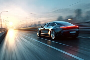 Obraz premium Sleek Electric Vehicle in Motion Blurring the Cityscape: A Dynamic Transportation Image