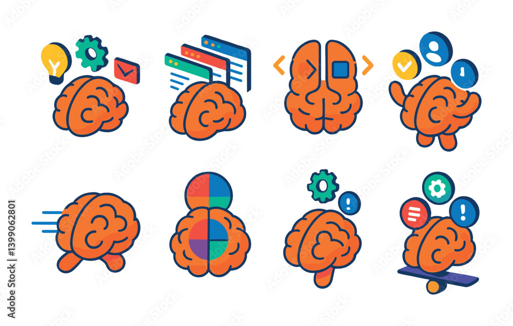 Poster isometric flat vector set of icons of multitasking brain: brain with multiple windows, split attenti