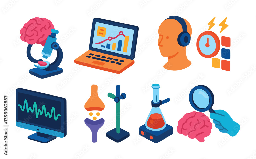 Poster isometric flat vector set of icons of neurological study: brain research, neural data, cognitive tes