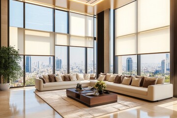 Modern penthouse living room with city views