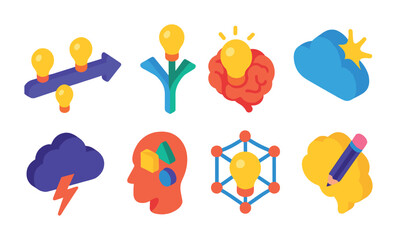 Isometric flat vector set of icons of thinking process: brain with gears, idea forming, decision path, thought spiral, question mark, creative spark, imagination cloud, critical thinking icon.