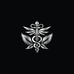 Cannabis leaf vector illustration design template. Marijuana leaf icon. Caduceus Caduceus Medical Emblem. Vector illustration.

