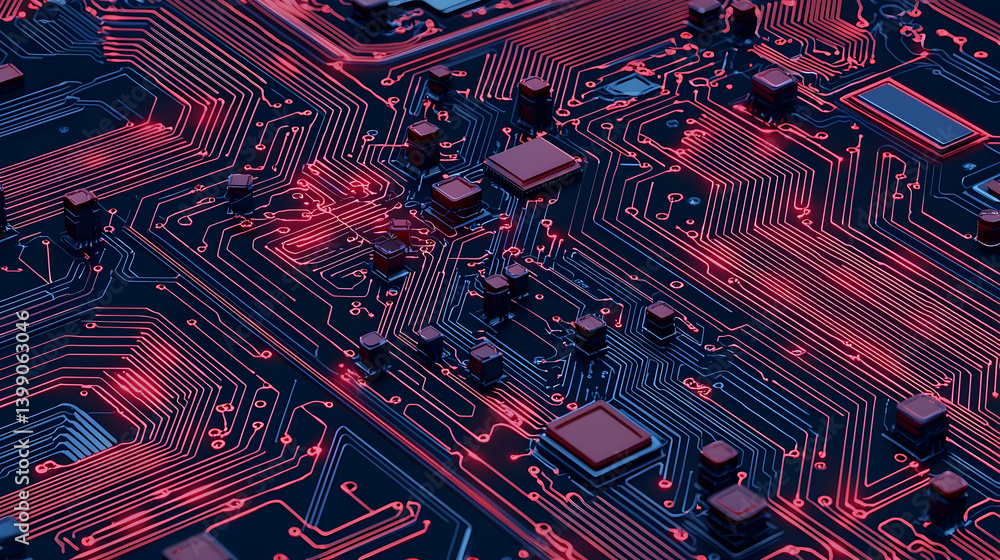 Poster abstract circuit board pattern with glowing red and blue elements