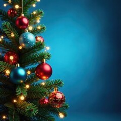 Fototapeta premium Christmas tree with ornaments and lights in a blue background, festive, snowflakes, decorations