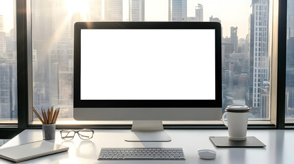 Fototapeta premium Clean desktop workspace with keyboard, notebook, and coffee mug in front of large city window for modern work scenes