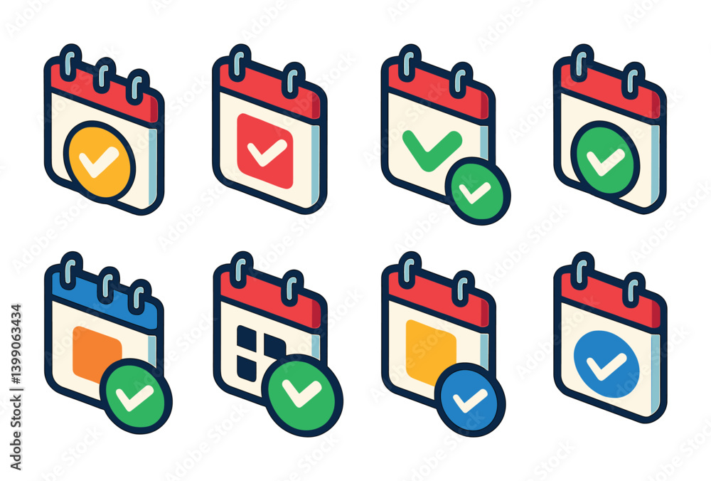 Poster 3d calendar icons set with check marks for planning and scheduling
