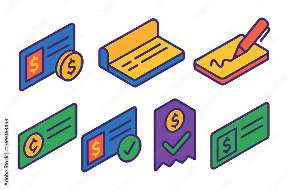 Poster isometric flat vector set of icons of update notifications: bell with check, update alert, pending u