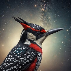 Sketch a beautiful woodpecker with galaxy patterns on its wings.
