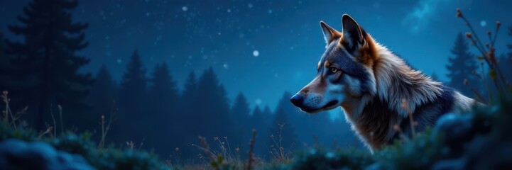 Obraz premium Close-up of a wolf's face in the wilderness under starry night sky, forest, wild animal