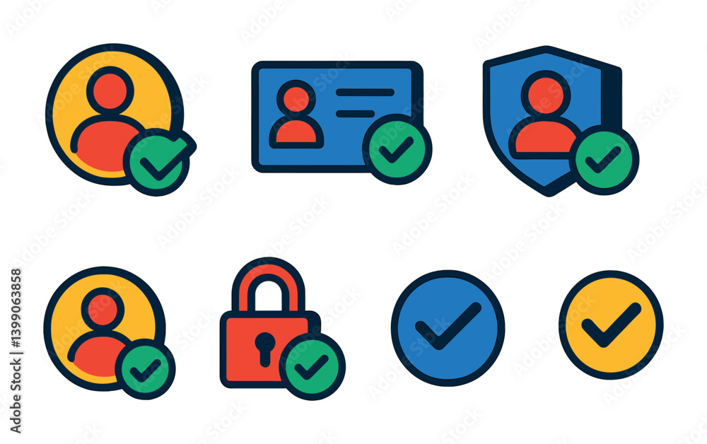 Poster isometric flat vector set of icons of user validation: verified user, id card with check, profile ba