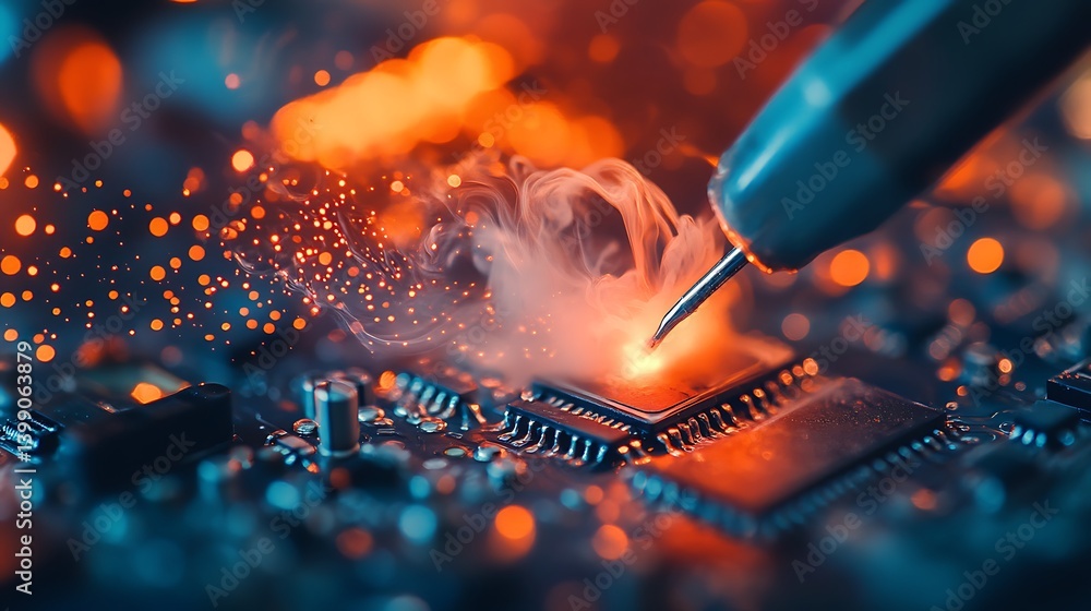 Poster close-up of soldering process on a circuit board, with sparks and smoke creating a dynamic atmospher