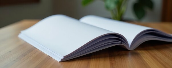 Close-up of folded trifold brochure against a wooden table with a subtle background texture showing the edges of the brochures , foldable, paper