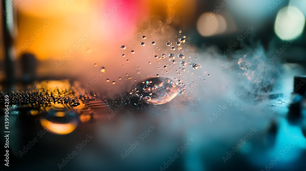 Poster close-up of water droplets on a metallic surface with colorful bokeh lights and mist creating a vibr