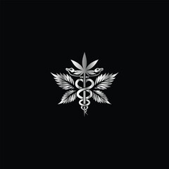 Cannabis leaf vector illustration design template. Marijuana leaf icon. Caduceus Caduceus Medical Emblem. Vector illustration.
