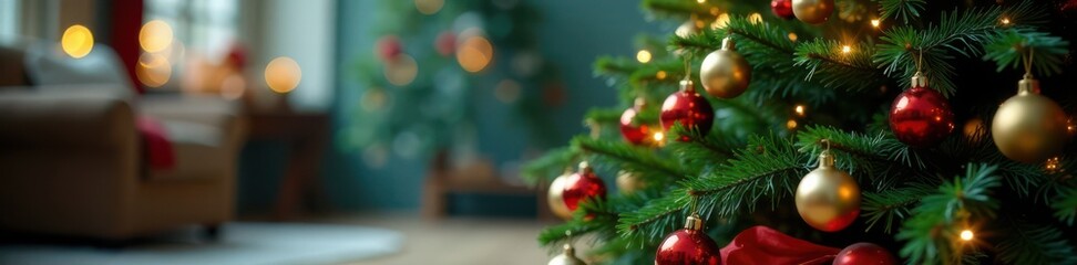 Decorative Christmas tree stand with greenery and ornaments, garland, holiday