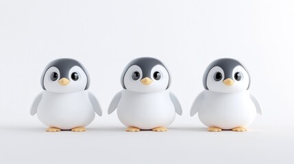 Three Cartoon Penguins Minimalist Design, Soft Lighting, High Resolution, Centered Frontal View, Cute Expressions, Standing on White, Serene White Background, Perfect for Childrens Products