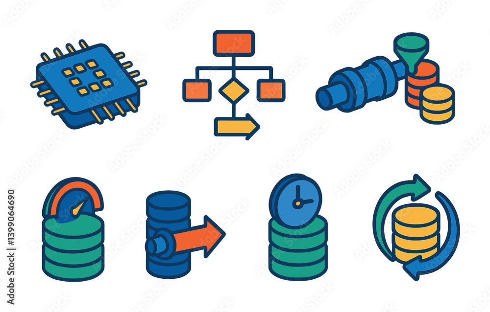Poster isometric flat vector set of icons of cloud ai pipelines: data ingestion, preprocessing cloud, train