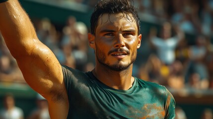 Triumphant Athlete Celebrating Victory on the Tennis Court with Sweat and Dirt Covered Face Sh