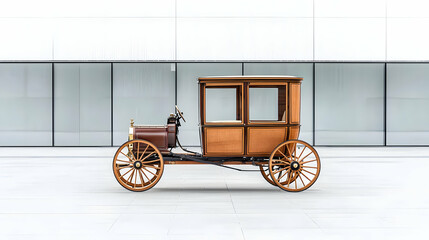 Vintage Wooden Carriage Displayed In Front Of Modern Building