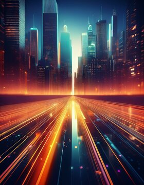 Vibrant city skyline with colorful light trails, showcasing urban energy and innovation.