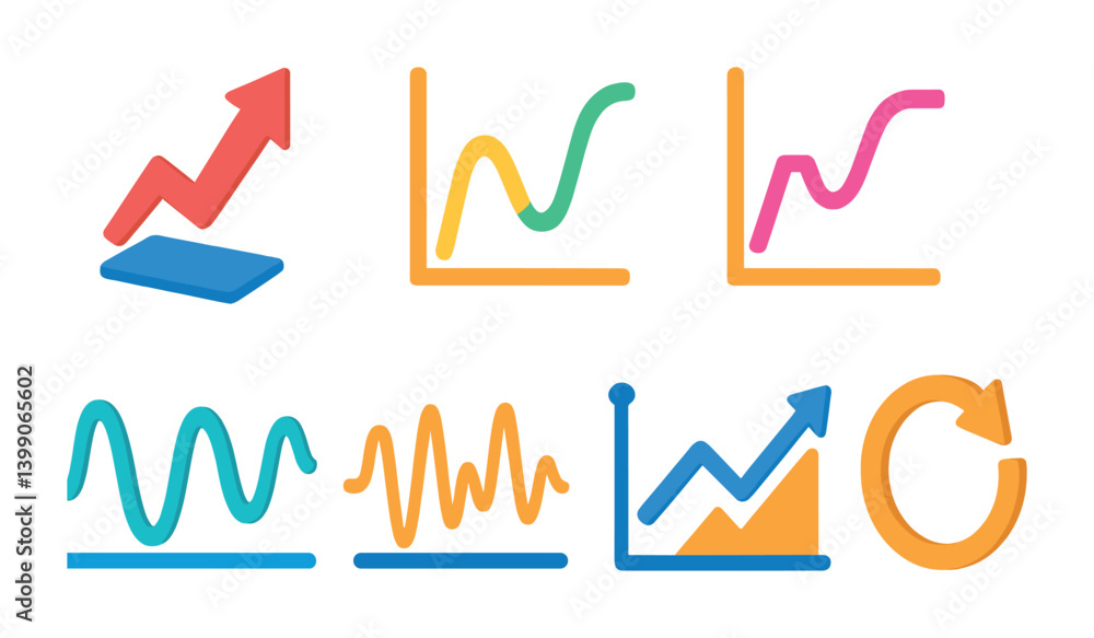 Poster vibrant 3d neon business graphs icon set for data presentation and analysis