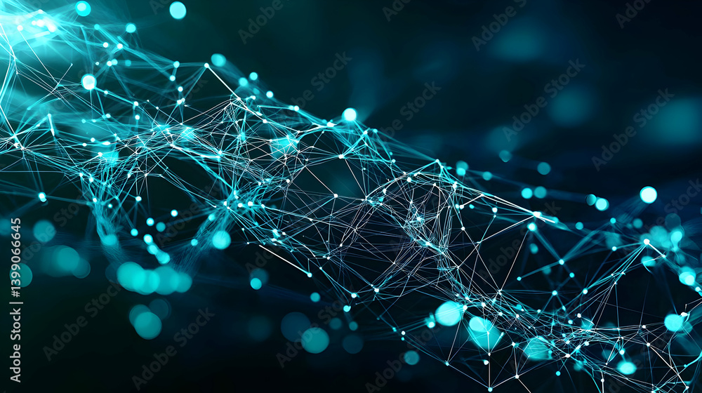 Poster abstract turquoise network design with glowing points on dark background