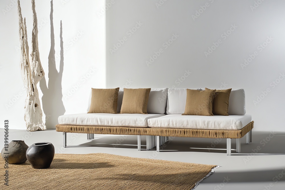 Poster modern sofa with textured rug and decorative object in minimalist setting