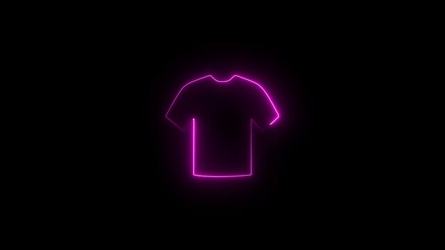 Neon Glowing t-shirt icon on black background, 4K Video motion graphic animation. T Shirt icon in Led light. Clothes shop, shopping center, market, fabric factory advertising design element.	