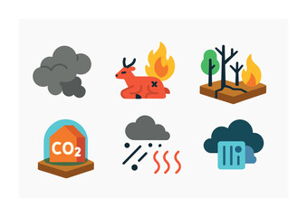 Obraz premium Isometric flat vector set of icons of environmental fire impact: smoke cloud, burned wildlife, scorched forest, habitat loss, greenhouse gas, ash fallout, heat haze, air quality icon. isolated