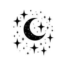 Black and White Celestial Moon and Stars Illustration