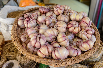 Fresh Garlic Bulbs in a Basket at Fair in João Pessoa, Brazil