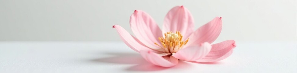 Fototapeta premium Delicate petals of a single flower unfold on a crisp white surface, bloom, floral