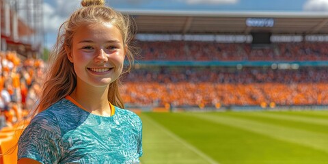 happy young woman with Casual shirt at a soccer stadium