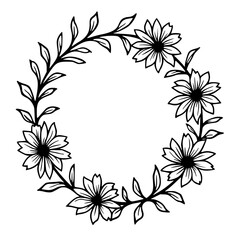Floral Wreath Illustration - Black and White Botanical Design