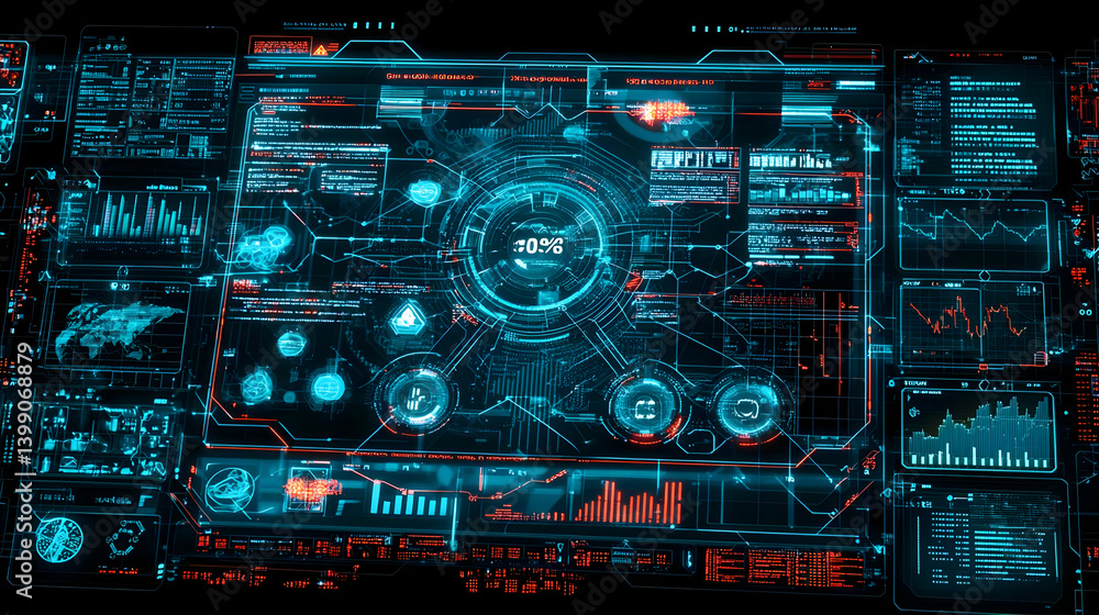 Poster digital interface display with glowing neon elements